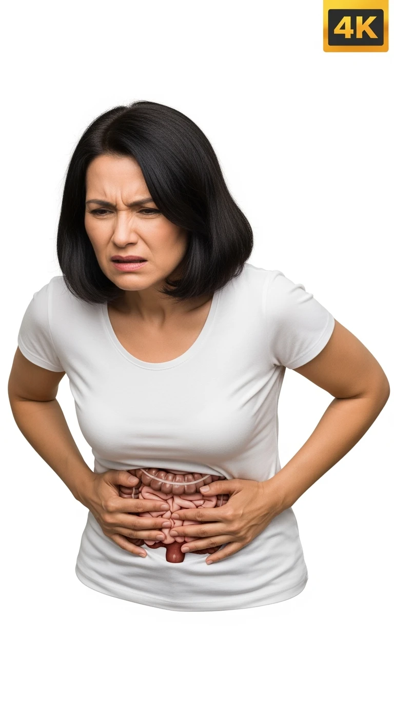 DONNA CHE SI TIENE LA PANCIA DOLORANTE CON INTESTINO VISIBILE, ESPRESSIONE DI DOLORE IN VOLTO, iperrealistico 4k, ISOLATA SU SFONDO BIANCO emoji