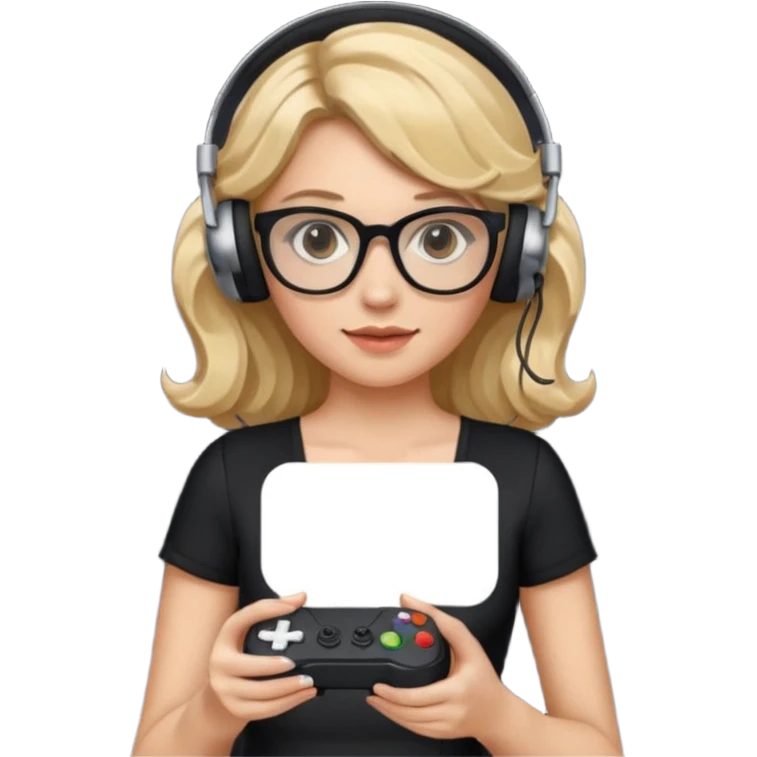 
gamer, woman with blond wavy hair, tight black dress with a white line with glasses, headphone, gamepad emoji