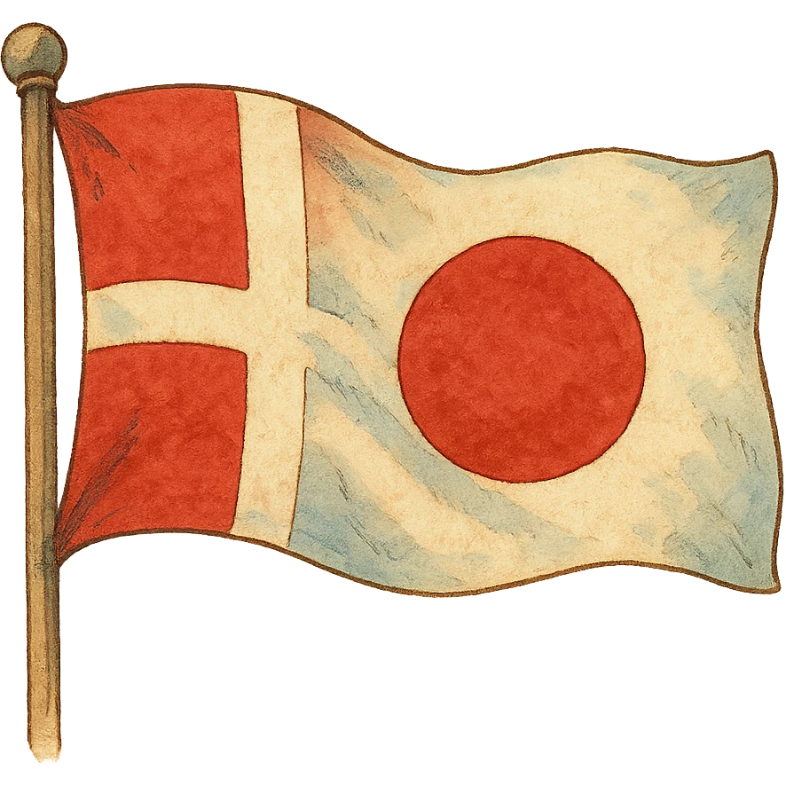 ghibli style illustration merging Denmark and Japan flags emoji