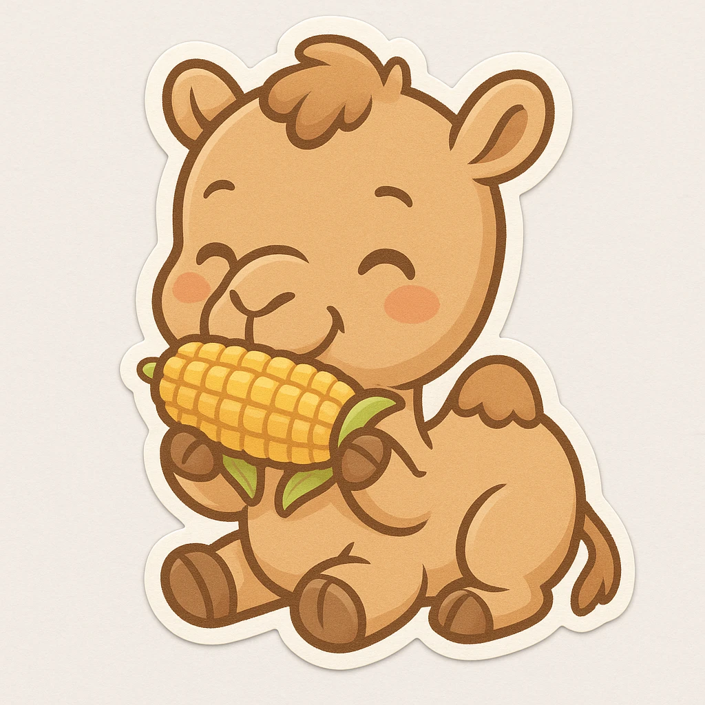 camel eating corn on the cob, chibi stickers cartoon style emoji