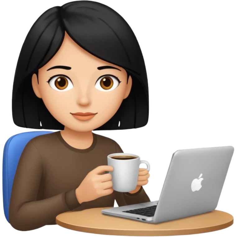 Working remote with coffee with black hair, not so white emoji