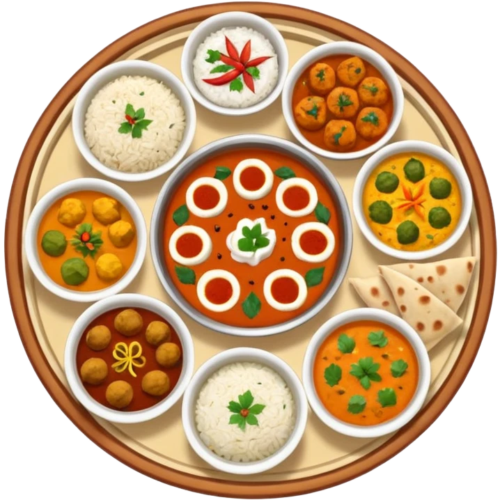 Indian thali platter with multiple small bowls of curries, rice, naan, and dessert emoji