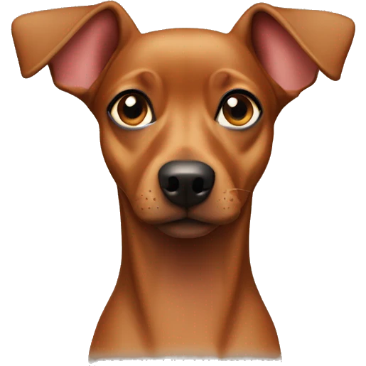 A pinscher dog looking forward with the link outside the mouth and the ears back like a  emoji