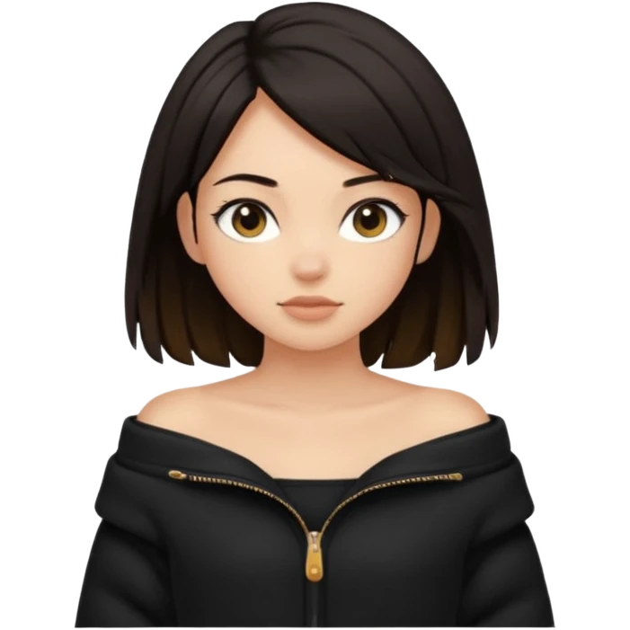  Siyah uzun saçlı ceket giyen esmerimsi kız fazla esmer değil siyah ceket  polar ceket ceket gevşek biraz omzundan çıkıyormuş gibi ve bugday ten rengi soltaraftaki omzundan çıkık sadece içinde de siyah crop var  emoji