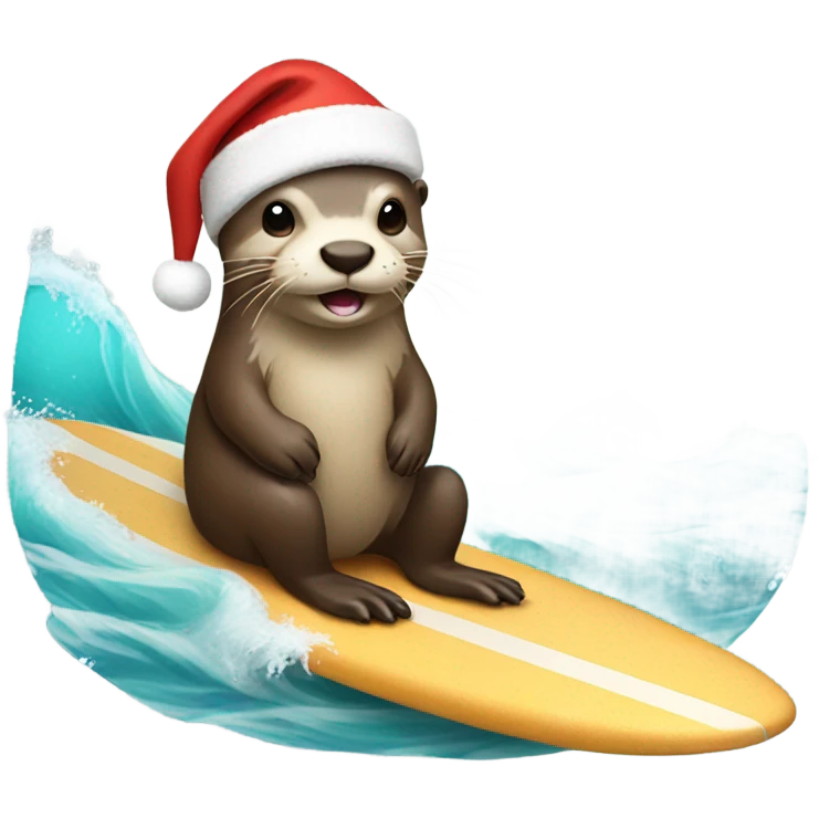 A otter wearing a Santa hat on a surf board emoji