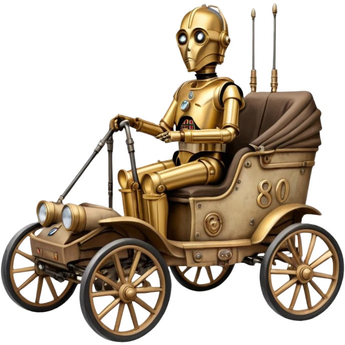 Old American West tarnished C-3PO policeman in 1864 delicately ornate rosegold accents painted buggy powered by electric motors and batteries with safety features and belts flying across rough terrain  emoji
