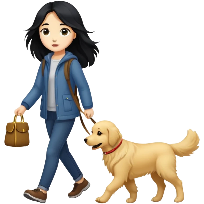 Long black hair - girl walking with a golden retriever emoji