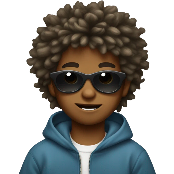 young boy with crazy hair, wearing cool sunglasses and a sweatshirt that says "Zach". emoji
