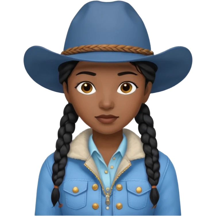 Black hair cowgirl with black skin, two braids and soft blue hat and jacket  emoji