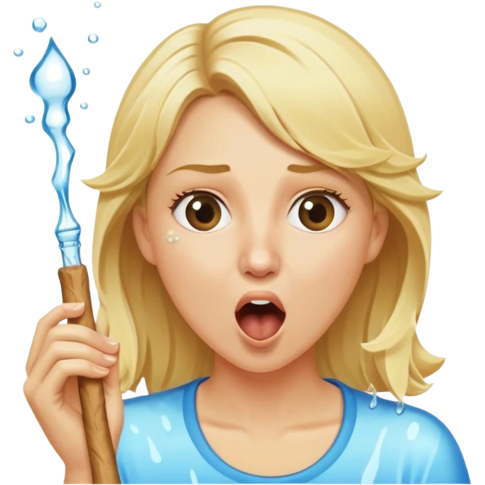 blond woman eating a stick the same color as her skin, water stream squirting directly from the stick into her open mouth, surprised expression emoji