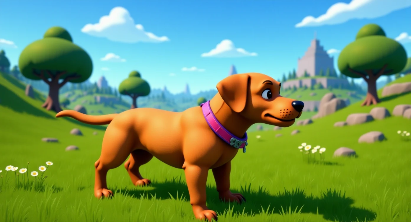 Cinematic still of a dog in fortnite game world emoji
