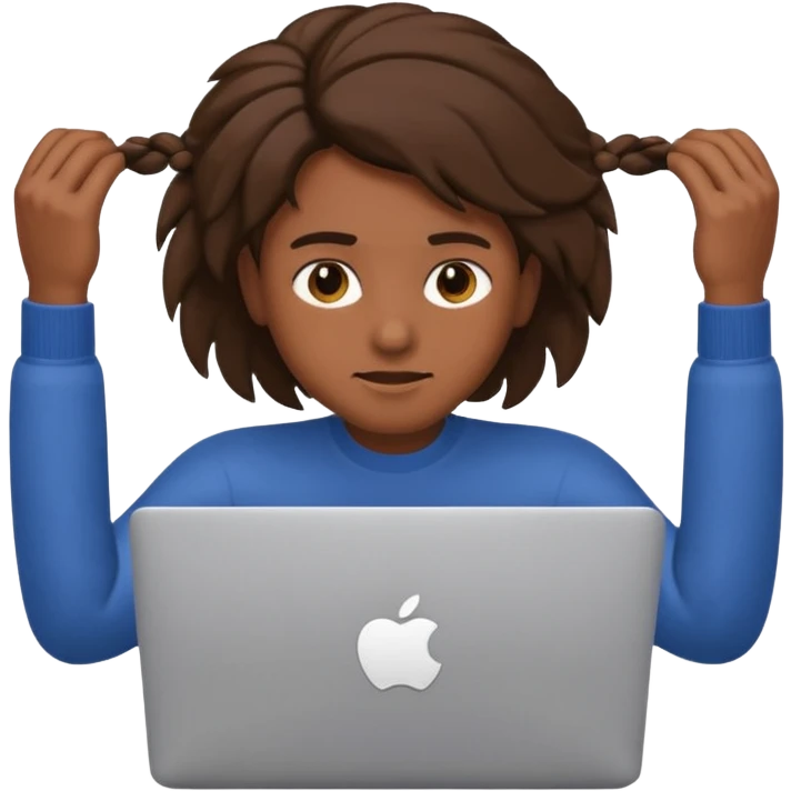 crazy student with laptop, pulling at hair, apple style emoji emoji