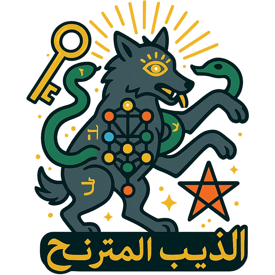 icon-style logo for 'الذيب المترنح' with central staggering wolf, one paw raised, key in mouth, serpent coiled around body symbolizing Gnosticism, Tree of Life integrated into wolf's silhouette representing Kabbalah, glowing third eye on forehead for Hermetic philosophy, small pentagram at feet for occult science, colors gold silver bright blue green red orange with high contrast glowing shiny effects, wolf surrounded by radiant aura, subtle Hebrew letters and esoteric symbols, clean precise lines balanced composition vector-friendly for all sizes and backgrounds emoji