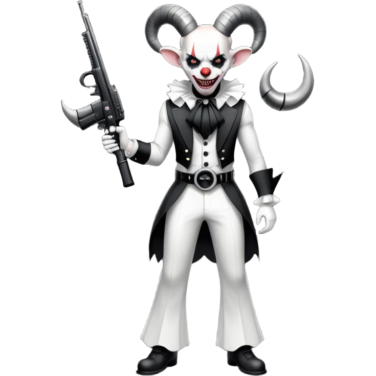 full-body muscular demonic clown in a black and white leisure suit with bellbottom pants, bald, with black ram horns, flashy black and white belt, ruffled white shirt, no neck tie, large fangs, holding a very large futuristic rifle emoji