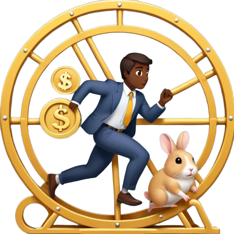 Create an emoji of a tired, overworked entrepreneur running on a hamster wheel while chasing a small, golden rabbit holding a dollar sign. The entrepreneur has dark circles under their eyes, looks exhausted, and is sweating from constant chasing. The hamster wheel represents the endless struggle, while the rabbit symbolizes unattainable financial success. The style should be simple, expressive, and easily recognizable as an emoji
 emoji