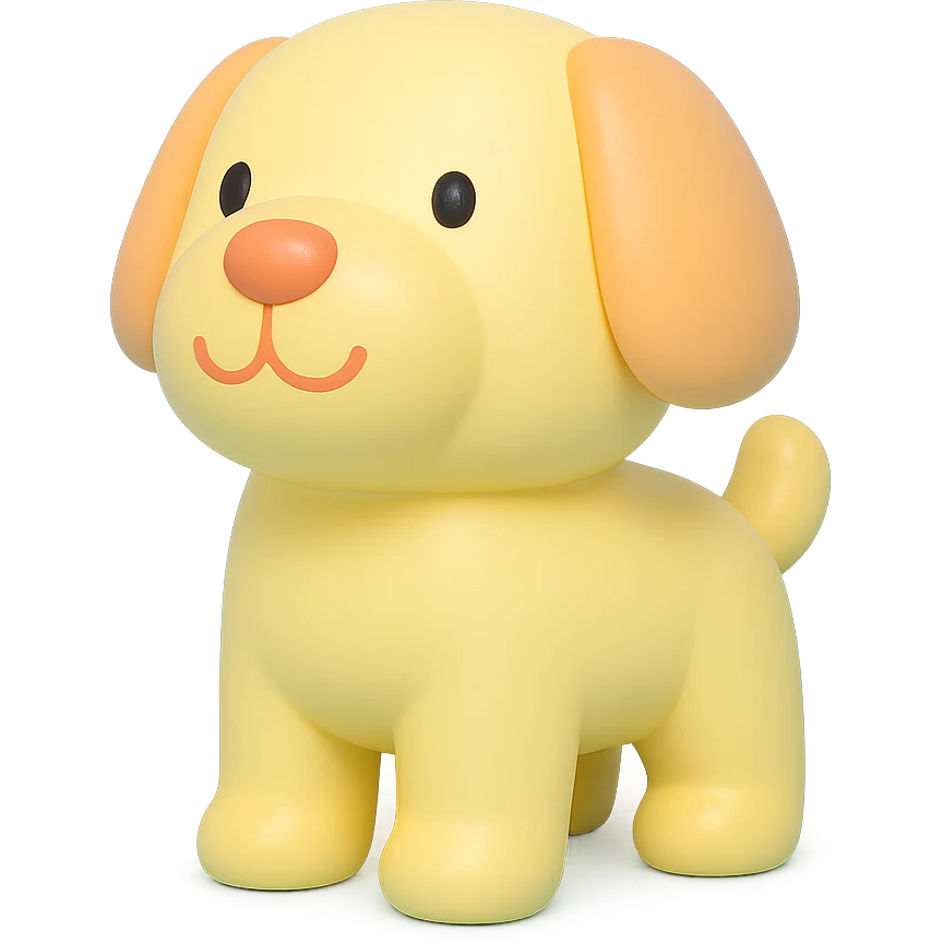               Transform {subject} into a soft vinyl figure with a smooth, glossy surface. The material should look slightly rubbery and tactile, with minimalistic curves and a matte-gloss hybrid finish. Use pastel or soft solid colors. The surface is seamless, with no visible textures or roughness. Studio lighting, vibrant background, clean, playful, designer toy aesthetic and no shadows. {subject} = dog, make sure the mouth has nice outlines emoji