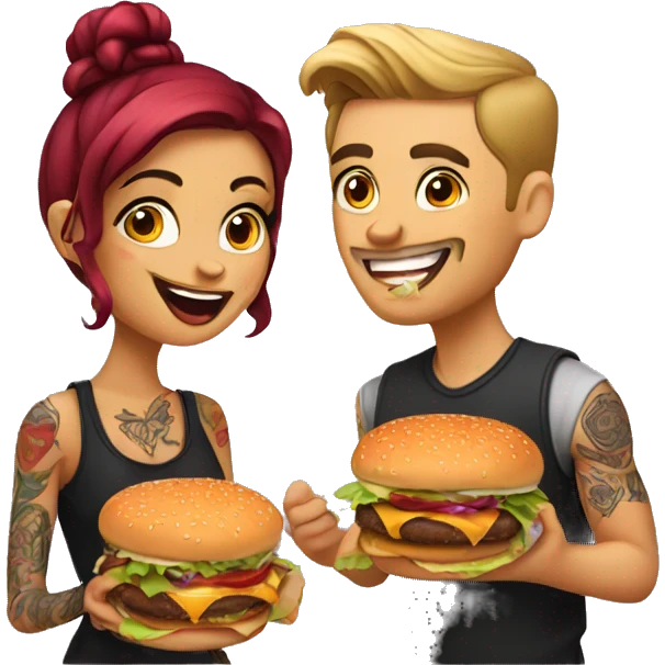 Beautiful tattooed couple eating burgers emoji