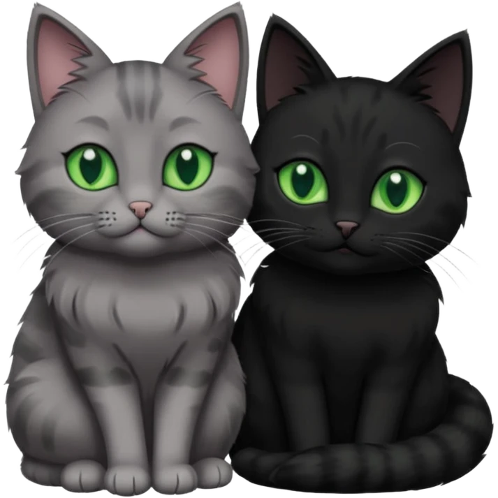 1 grey cat with green eyes and 1 black with green eyes cat cuddling emoji