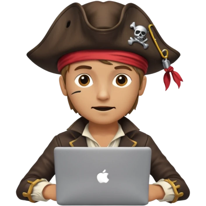 pirate dressed as a programmer, with a laptop, coding, playful and clever expression, modern pirate hat, tech gadgets emoji