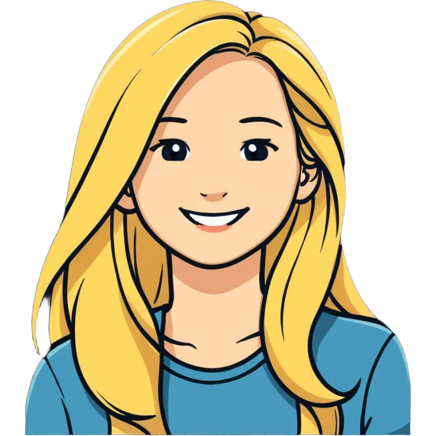 woman with long blonde hair, smiling, head tilted slightly, sticker style emoji