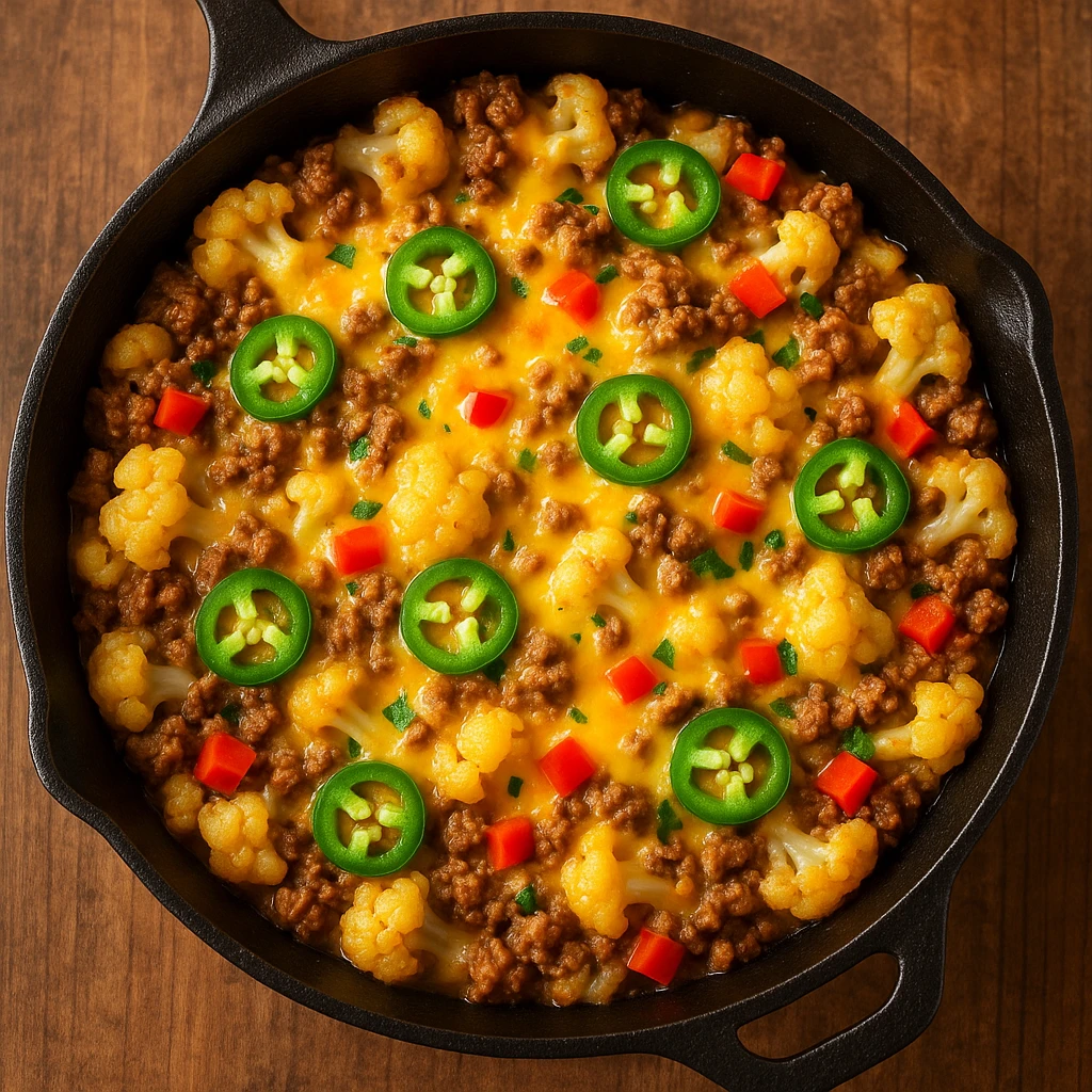 cheesy ground beef and cauliflower casserole with jalapeno and red capsicum in a skillet pan, vibrant, appetizing, top-down view emoji