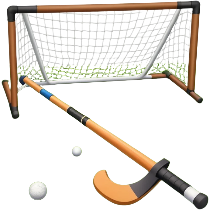 field hockey stick and ball on green grass field with goalposts emoji