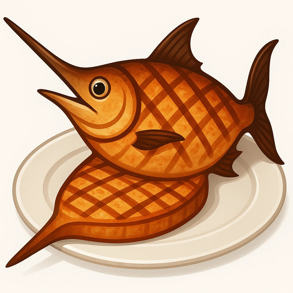 Add a prominent sword-like bill to the cooked swordfish, emoji style. Keep the cooked look and plate if present, no garnish. emoji