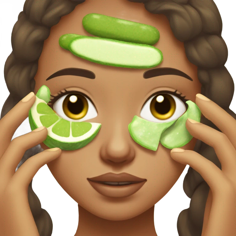 Girl with freackles Brown hair and white skin wears skin care mask Thats Green her eyes closed and two pickle round on it  emoji