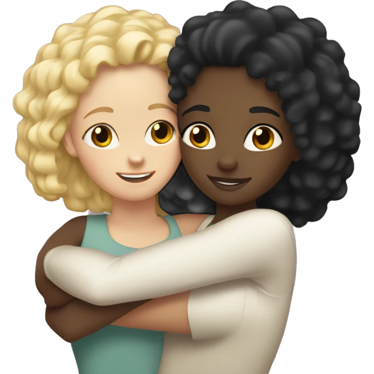 Black girl with straight black hair hugging a white girl with curly blonde hair emoji