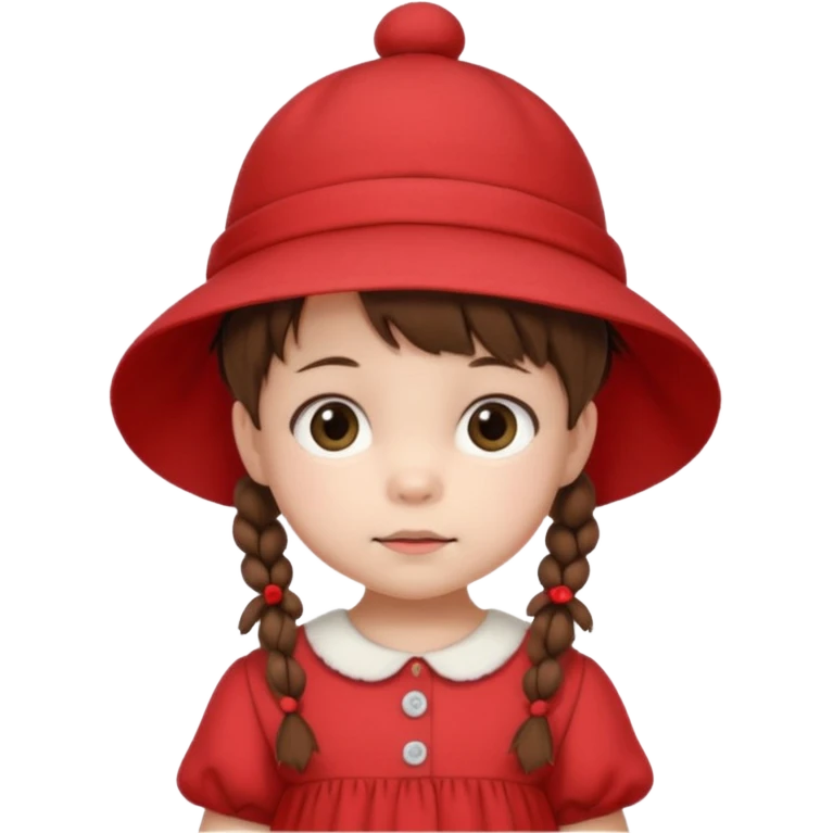 baby girl with brown hair and pigtails with a hat and red dress like My Neighbor Totoro movie emoji