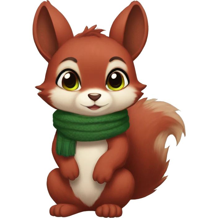 Cute, Chibi, Kemono-style, Anthro, Fur-Sona, Dark-Red, Squirrel-Rabbit-hybrid-Fakémon, with a green scarf, full body emoji