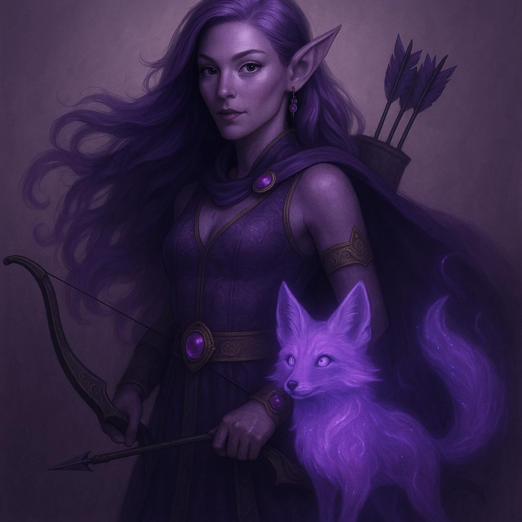Add a magical pet companion, such as a glowing spirit fox or small dragon, beside the purple fantasy elf archer. Keep the fantasy theme and color harmony in a style consistent with the original image. emoji