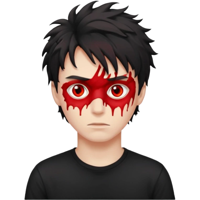 Парень с бледной кожей с красными глазами с чёрными растрепаными волосами, в черной футболке emoji