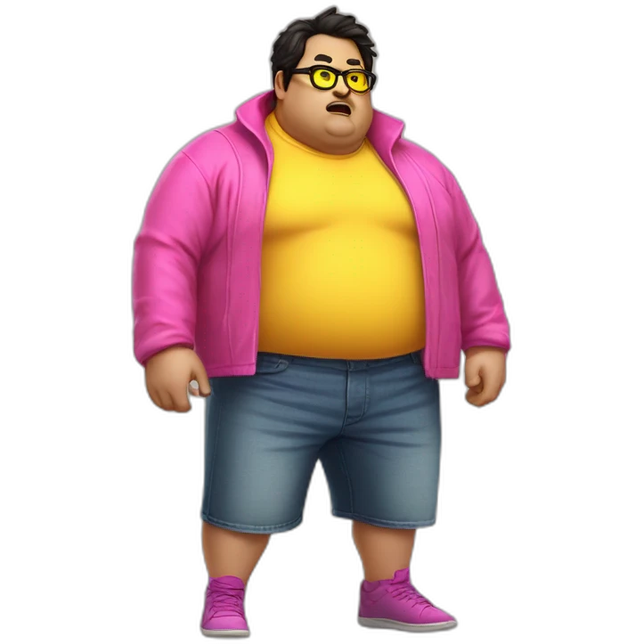 fat man with dark hair,a vibrant long yellow coat, pink glasses, short jeans shorts. Show full lenght peson, person fighting as superhero emoji