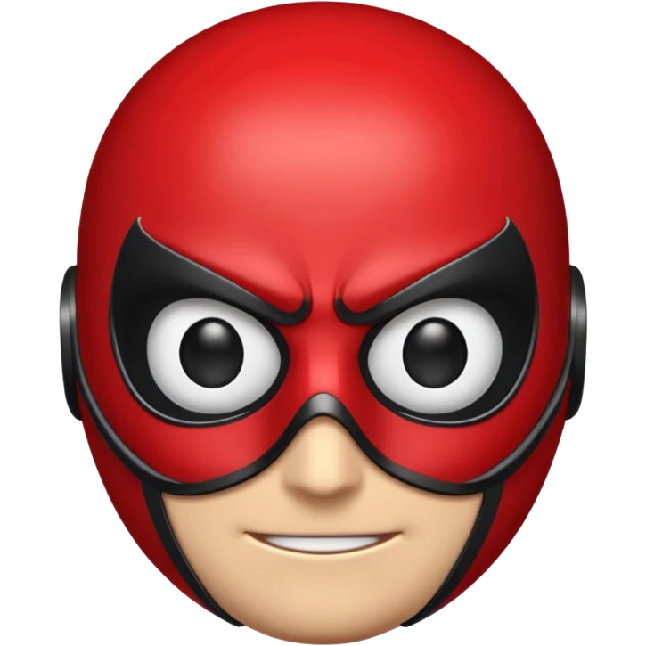A high-gloss 3D emoji-style mask inspired by a superhero design. Smooth rounded head shape with expressive large eyes. Primary color: matte black. Secondary color: bright red web-pattern lines across the mask. Clean, shiny, cartoony finish, symmetrical design, crisp outlines emoji