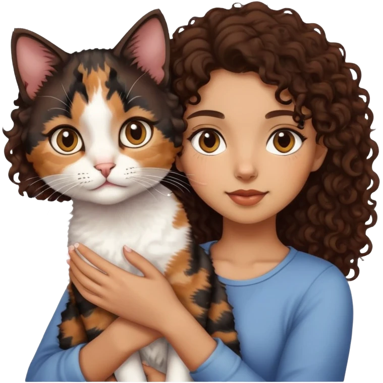 Light brown skin, dark curly hair, girl holding calico cat emoji