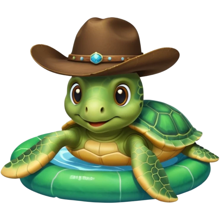 Cute blow up green pool turtle with a cowboy hat emoji