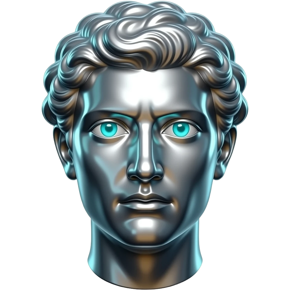 "A glasy/chrome stoic Greek statue head, front-facing, serious focused expression, glowing cyan (#00D4B1) eyes, dark background. Chrome reflections with subtle cyan light accents. Clean, no background, emoji style, high detail. The statue represents discipline, focus and self-mastery." emoji