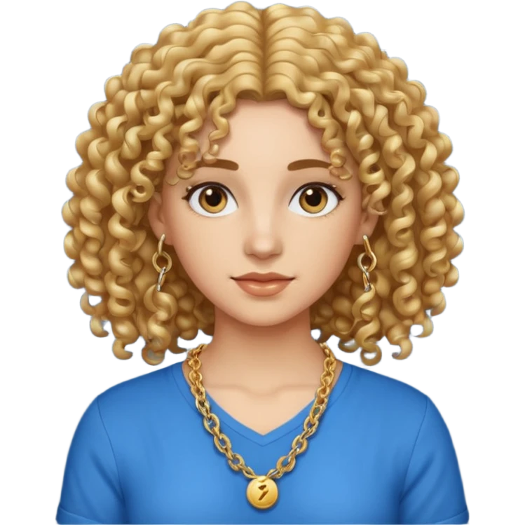 curly hair woman blue shirt and chain emoji