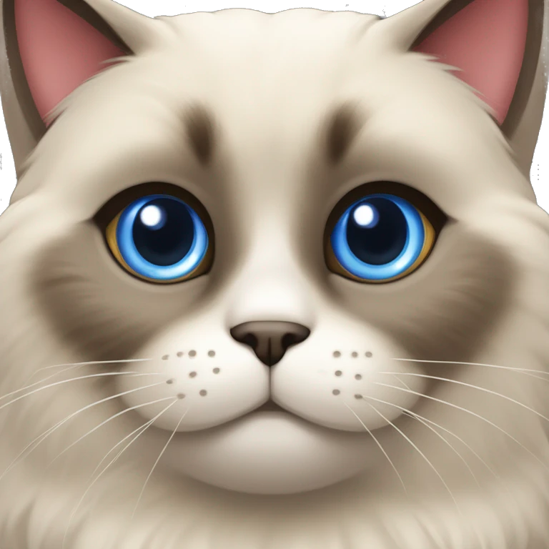 Long, chubby, cute, flat beige fur, blue round eyes, round pupils, Siamese and ragdoll mix cat, a grey face pattern, fur in his ears, wearing a red ribbon, darker paws emoji