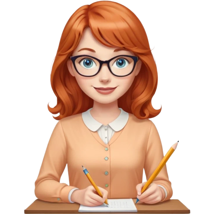 redheaded woman with long wavy hair and bangs, blue eyes, cat-eye glasses, wearing a pencil skirt and apricot blouse, holding a pencil, smiling emoji