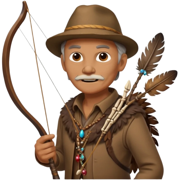 The classic image of a middle-aged uncle hunter carrying a bow, dressed in brown clothes, with some ornaments made of feathers, bones or teeth on his body. emoji