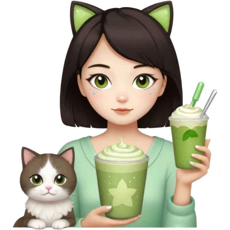 asian girl with shoart dark brown hair with a soft girl glowup aesthetic. matcha latte sparkles girly things, 2 ragdoll cats, skincare, makeup emoji