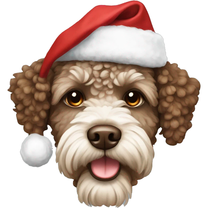 Brown Lagotto dog wearing christmas hat emoji