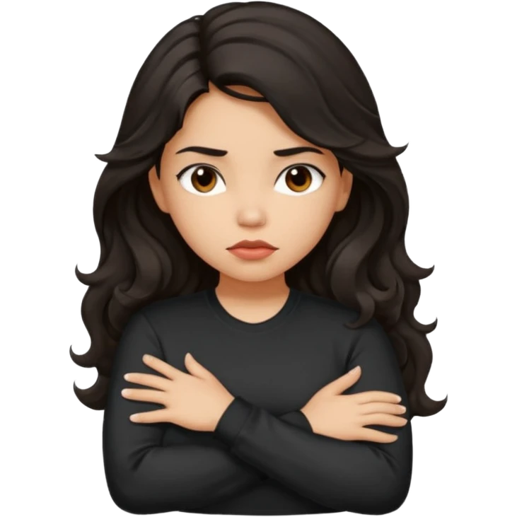 Hispanic girl with dark long wavy hair crossing her arms while pouting and wearing a black long sleeve shirt emoji