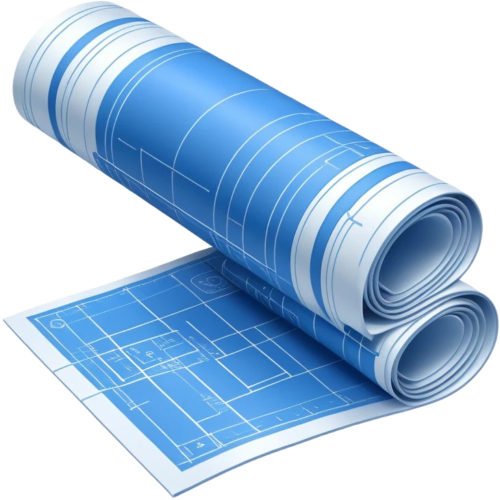 side view of a blue blueprint plan with white lines, partially unrolled emoji