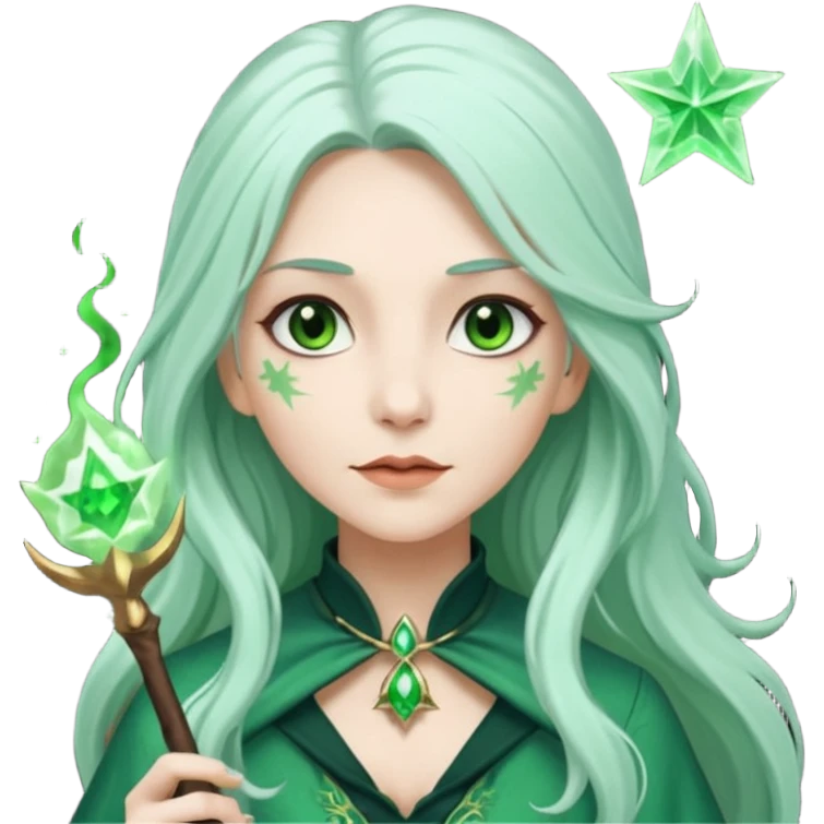 Woman with green skin color with long hair white color and carrying a magic wand emoji