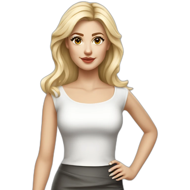 hyperrealistic caucasian long blonde brown eyes woman white top gray tight mini skirt black high heels emoji