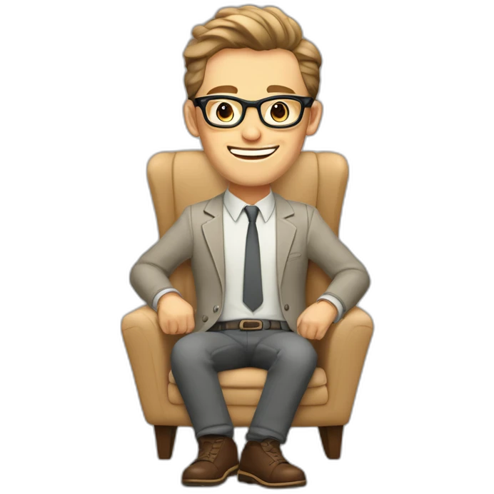 Joyful thrumbs up Pale skinned Fit Man With dark brown hair in gray jacket, beige office shirt, Brown pants and vintage glasses sitting In a soft chair emoji