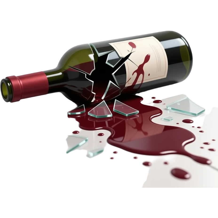 A broken wine bottle on the floor, shattered with sharp glass pieces scattered around. Red wine spilled across the surface, forming dark liquid puddles and splashes. The label is partially visible, torn and wet. Soft dramatic lighting, no people, clean indoor floor, realistic and detailed. emoji